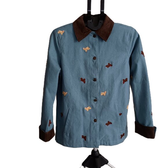 Dancing Dog Designs Jackets & Blazers - Dancing Dog Designs Blue Barn Coat Brown Corduroy Collar Cuffs Women's S